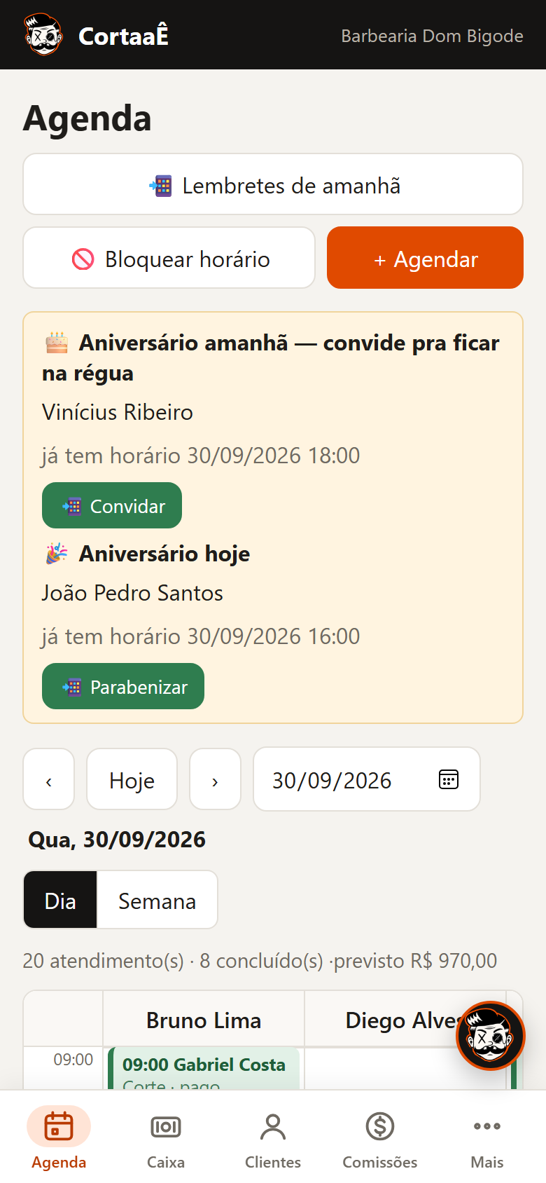 Agenda do dia no celular, com os aniversariantes em destaque