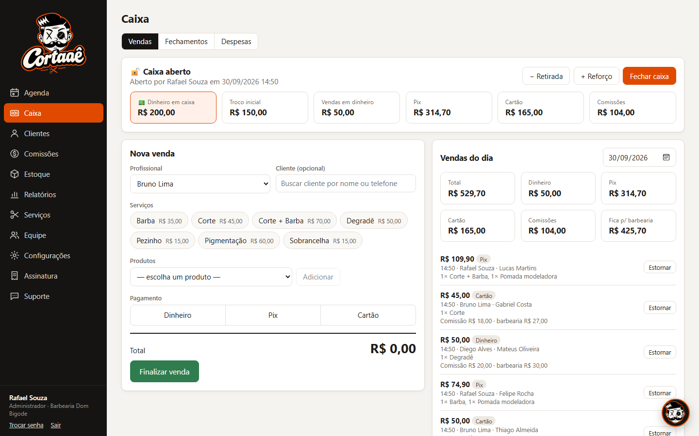 Tela de caixa com o total do dia por forma de pagamento